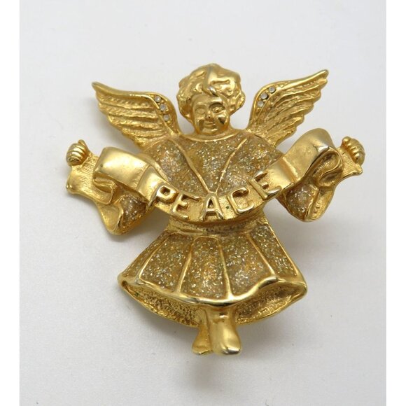 Angel Brooch Gold Tone Clear Rhinestones 2" Pin Peace Banner Glitter Enamel - Picture 5 of 14